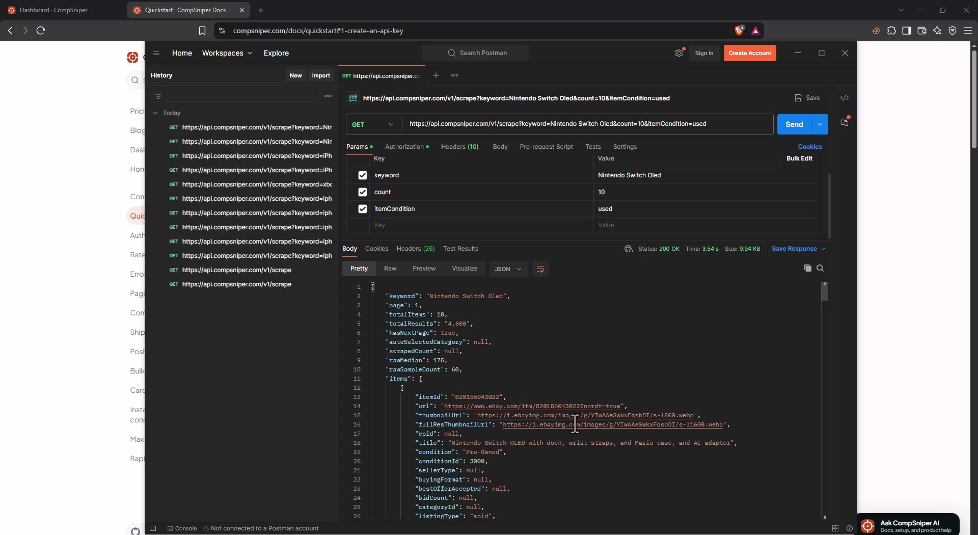 Recorded Postman request showing keyword, count 10 and itemCondition used under Params, with a successful JSON response.